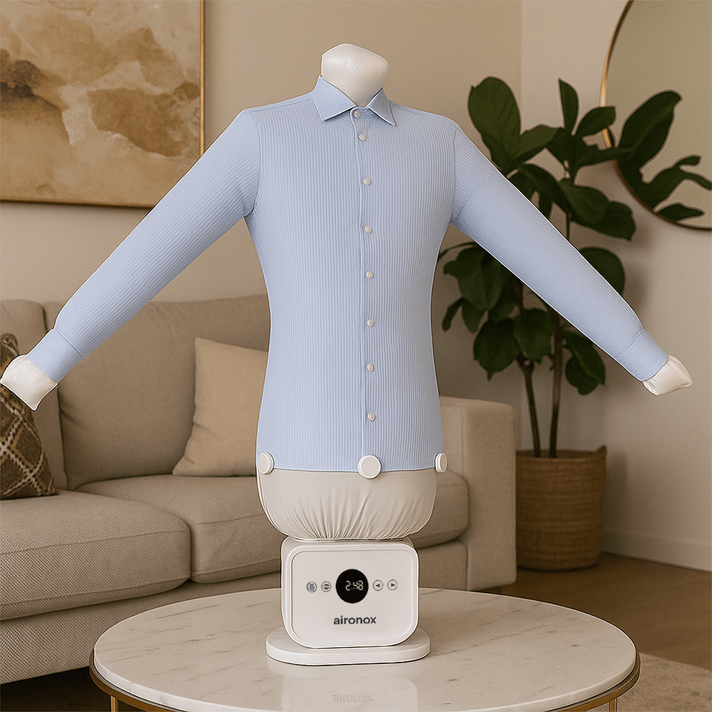 Automatic Ironing Machine 3.0 - AIRONOX Automatic ironing machine drying and pressing a shirt / Before and after results from shirt ironing steamer /nflatable ironing mannequin with white dress shirt / Home shirt pressing machine – control panel close-up