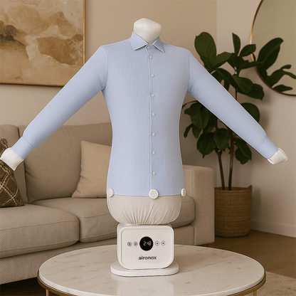 Automatic Ironing Machine 3.0 - AIRONOX Automatic ironing machine drying and pressing a shirt / Before and after results from shirt ironing steamer /nflatable ironing mannequin with white dress shirt / Home shirt pressing machine – control panel close-up