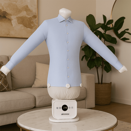 Automatic Ironing Machine 3.0 - AIRONOX Automatic ironing machine drying and pressing a shirt / Before and after results from shirt ironing steamer /nflatable ironing mannequin with white dress shirt / Home shirt pressing machine – control panel close-up